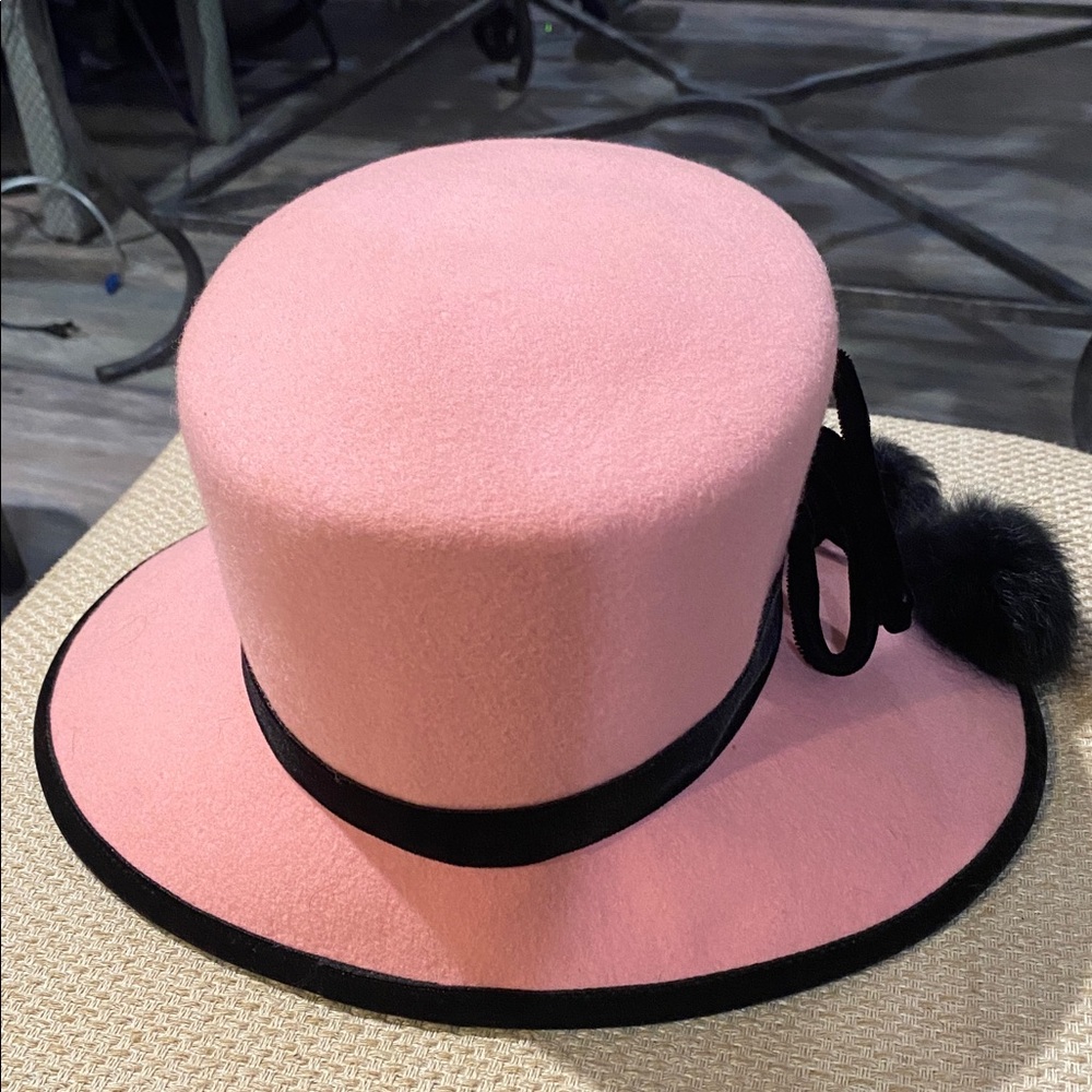 Elegant Pink and Black Felt Women's Hat w/fake fur Pom poms - Picture 5 of 5